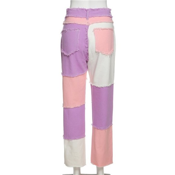 Patchwork Contrast High Waist Pants Denim Jeans - Picture 4 of 16